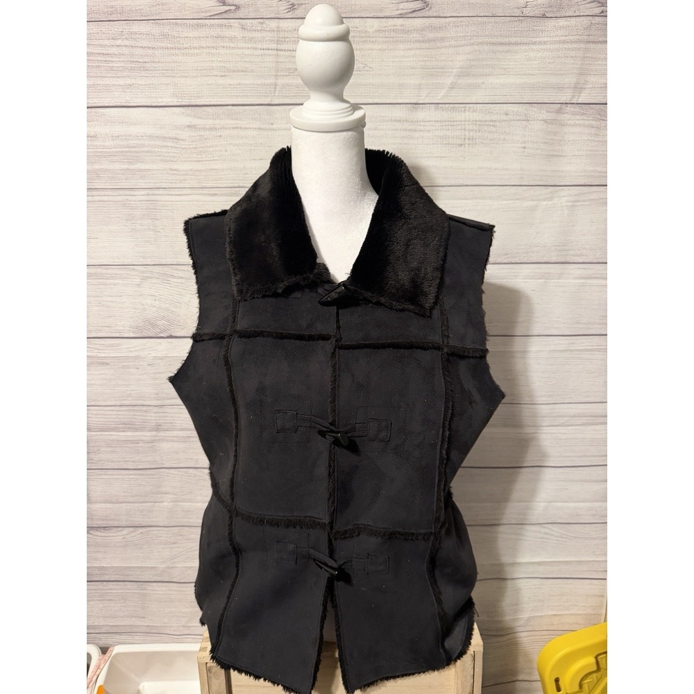 White House Black Market Womens Medium  Black Faux Fur Leather Vest‎ -